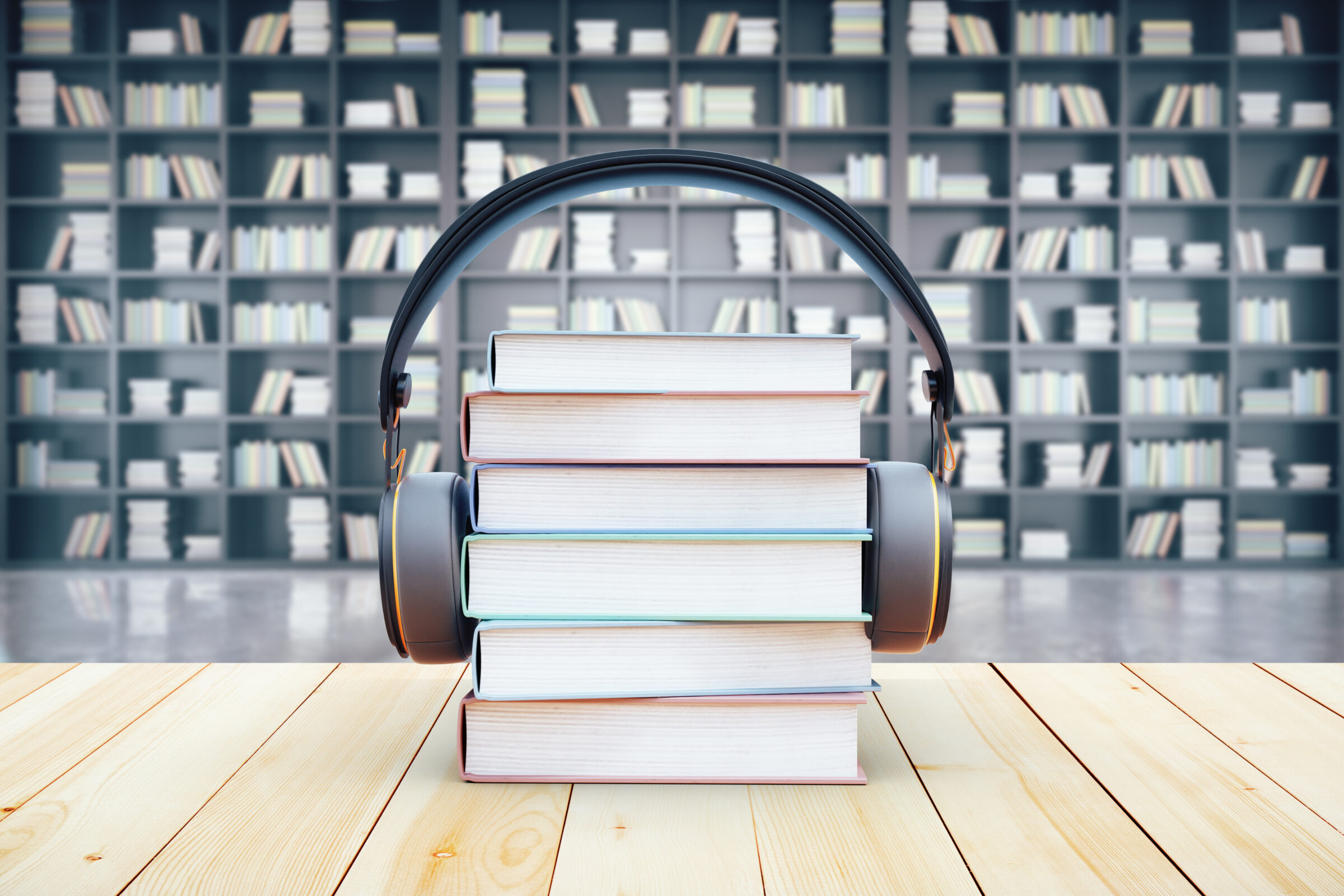 Book stack with headphones in library