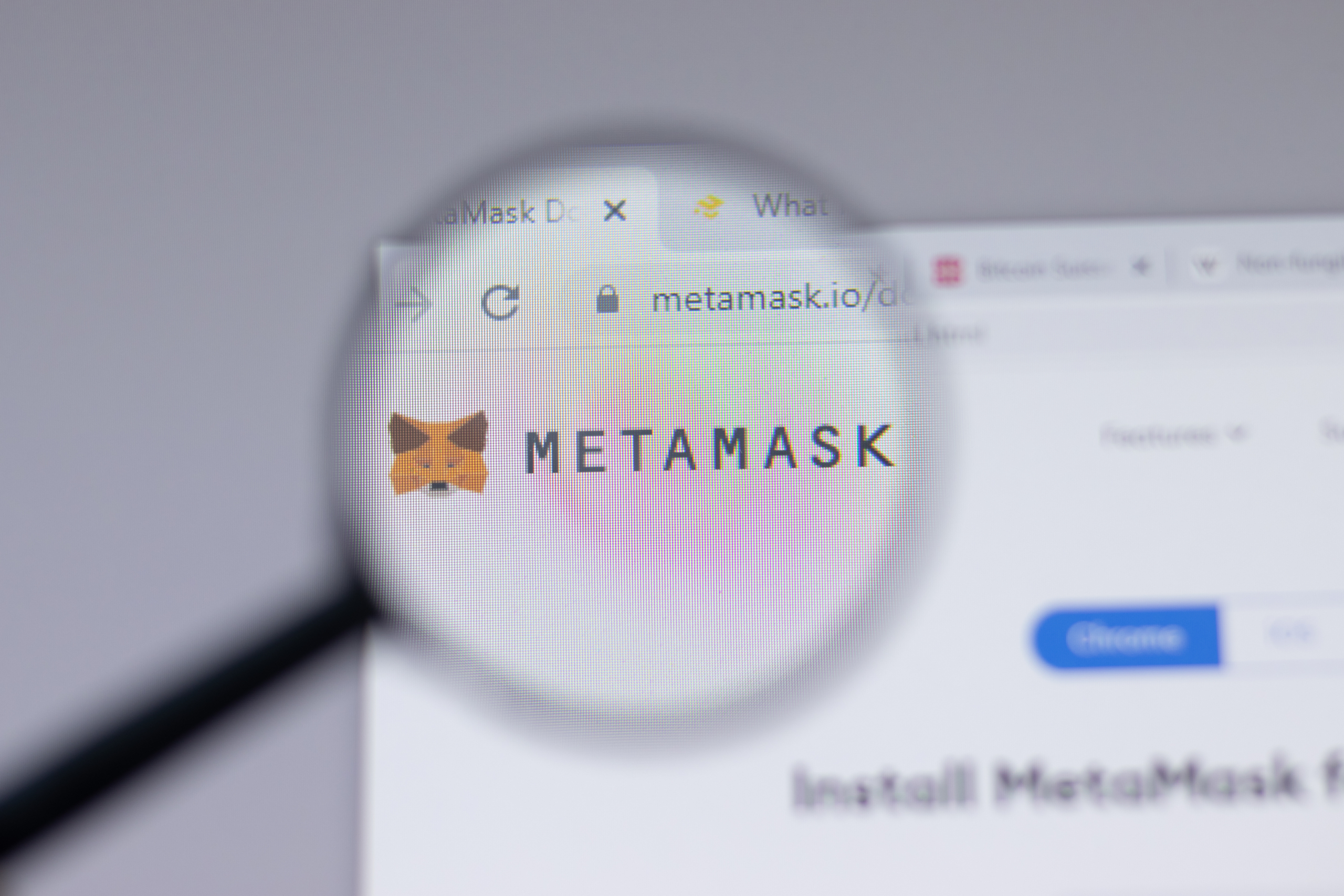 New York, USA – 18 March 2021: Metamask logo sign, metamask.io icon on website close-up, Illustrative Editorial.