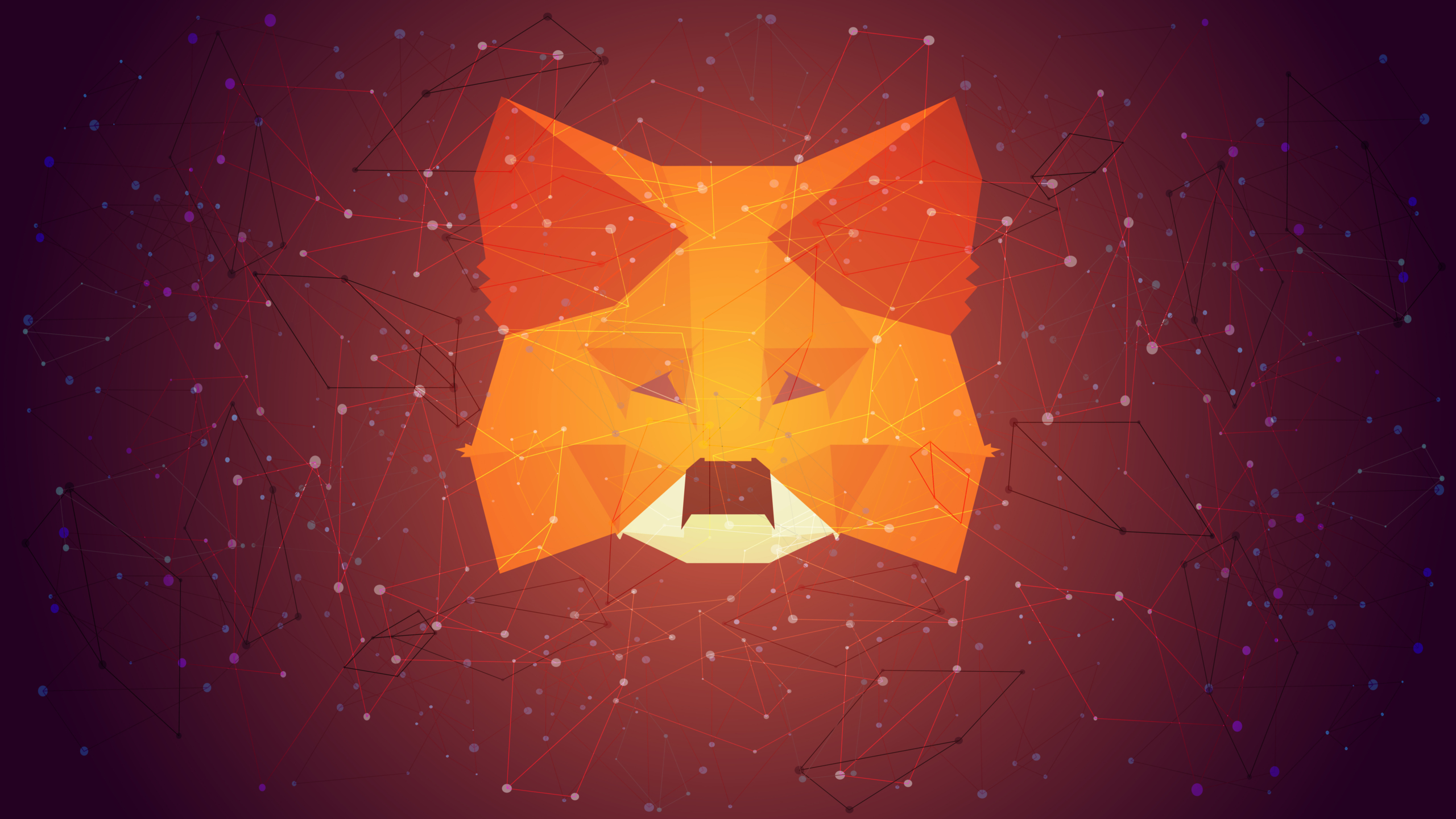 MetaMask logo sign on polygonal wireframe red background. Crypto wallet for Defi, Web3 Dapps and NFTs.
