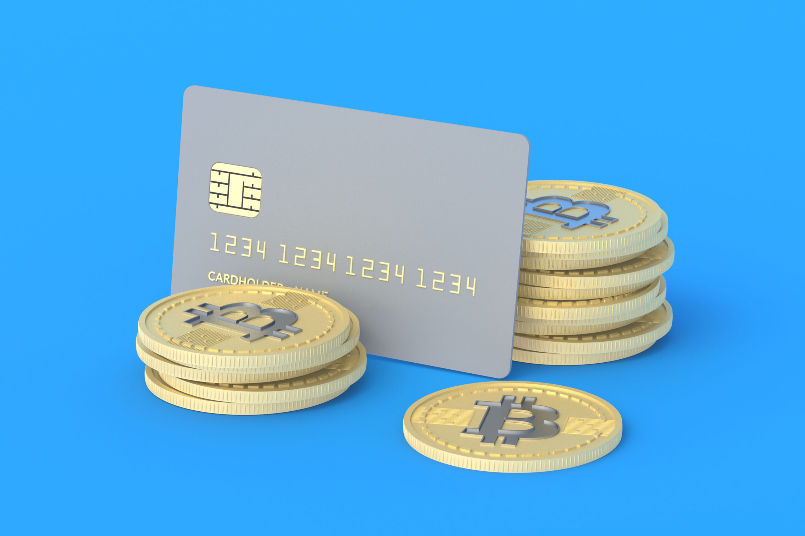 Credit card and coin of bitcoin on blue background. Anonymous, a