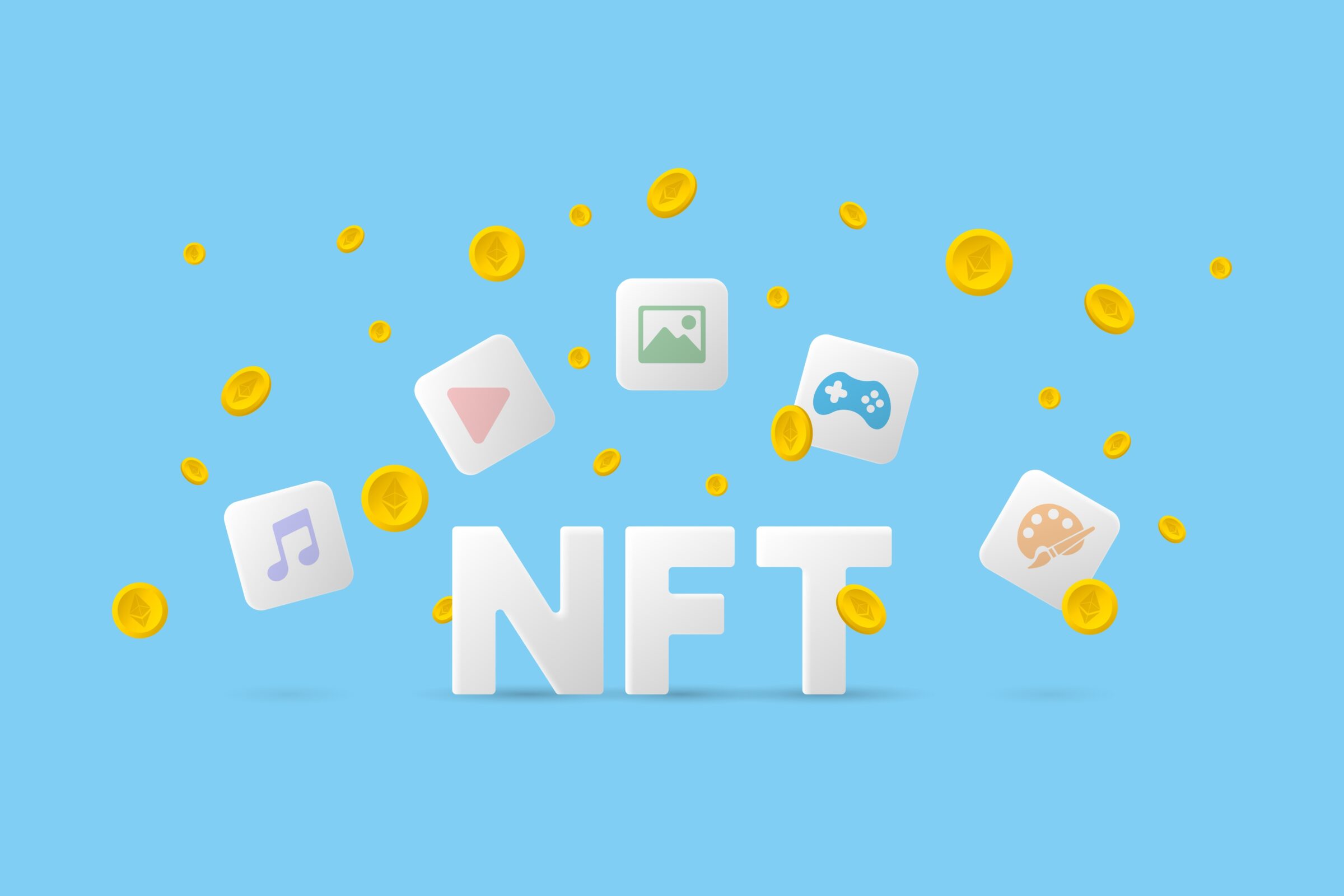 NFT (Non Fungible Token) concept in simple 3d illustration. Blue